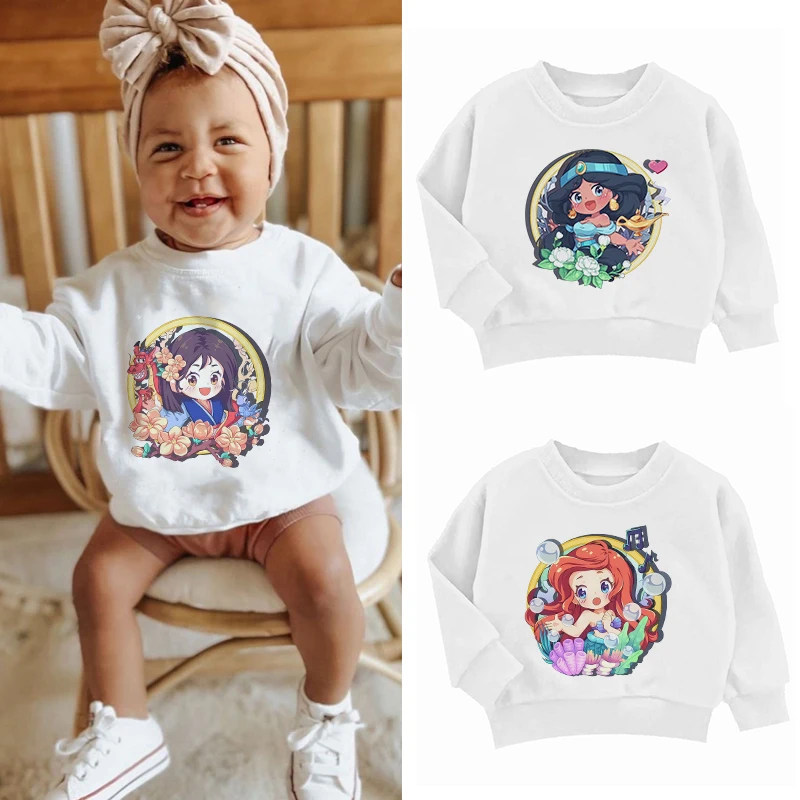 

Детский свитшот с изображением Принцессы Диснея, одежда для девочек, белоснежный пуловер, кавайная модная аниме мультяшная одежда, Повседневные детские топы для мальчиков
