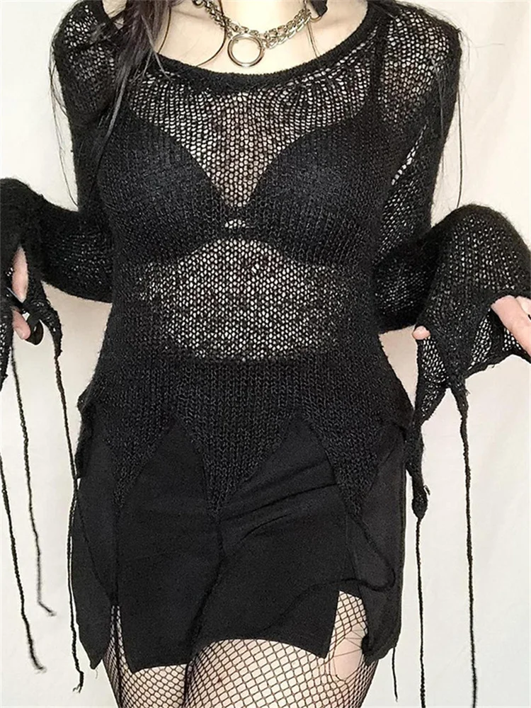 

Облегающий Готический Ретро-свитер с асимметричным подолом и бахромой, светильник и тонкий сексуальный топ с круглым вырезом, Корейская ул...