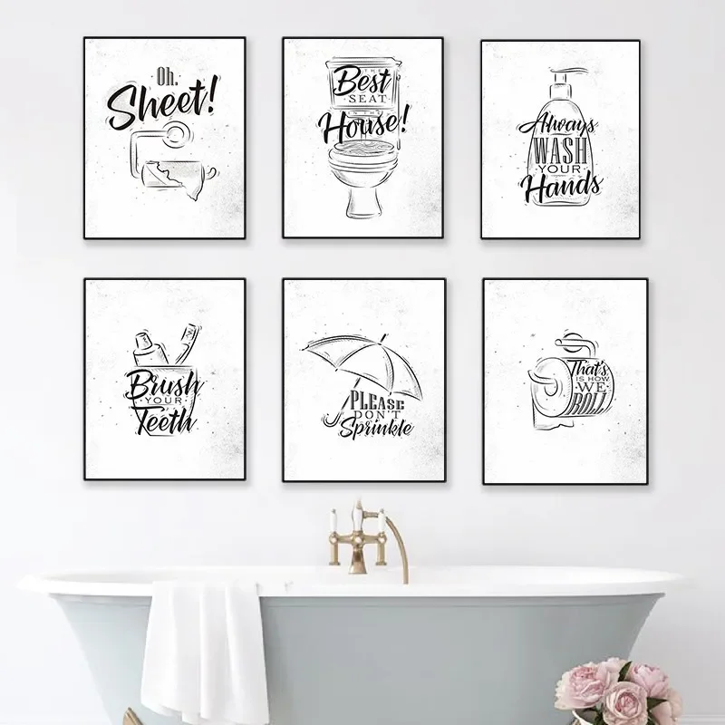 

Toilet Quote Picture Bathroom Wall Art Canvas Painting Poster Prints Fashion Black White Washroom Wall Decor Brush Decor Picture