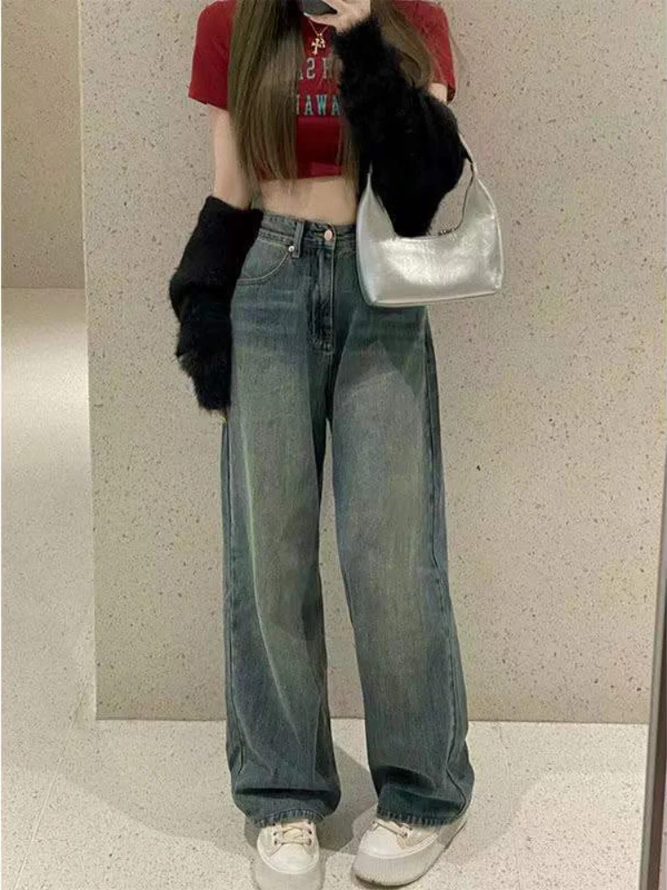 

Джинсы женские прямые с широкими штанинами, винтажные мешковатые брюки из денима с завышенной талией, модная уличная одежда в Корейском стиле, свободные осенние, Y2k