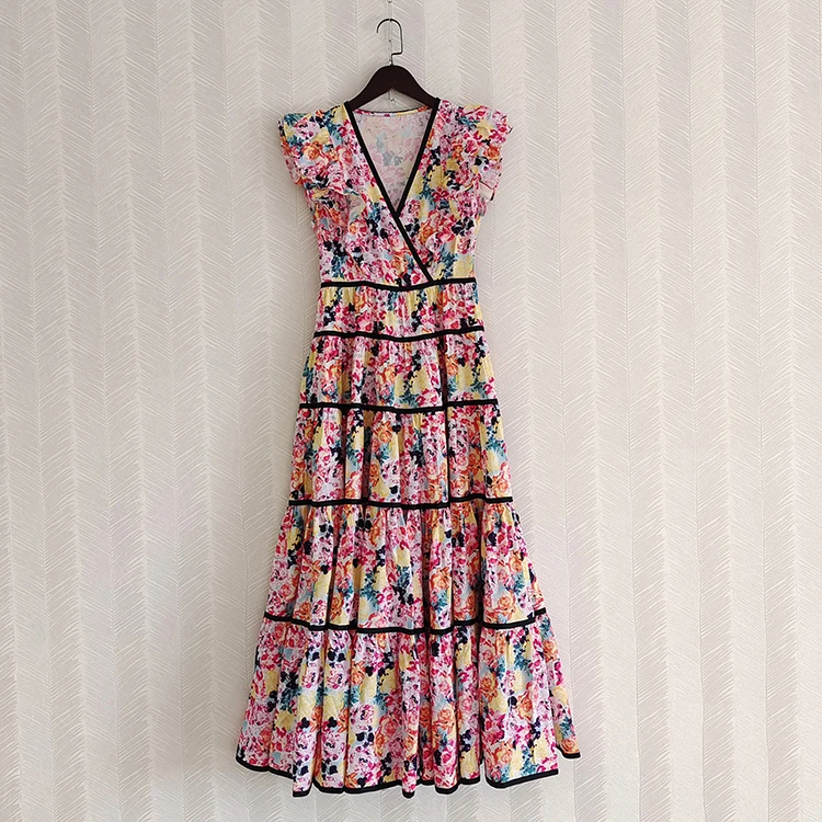 

Flying Sleeve V-Neck Rose Flowers Printed Women Long Dress Ruffles Slim Skinny Elegant Party Vacation Dresses
