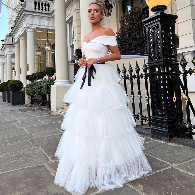 Купи Off Shoulder Tulle Dress Layered Ruffles Evening Dresses For Women Floor Length Dress Women Elegant Dress Women For Wedding за 7,310 рублей в магазине AliExpress