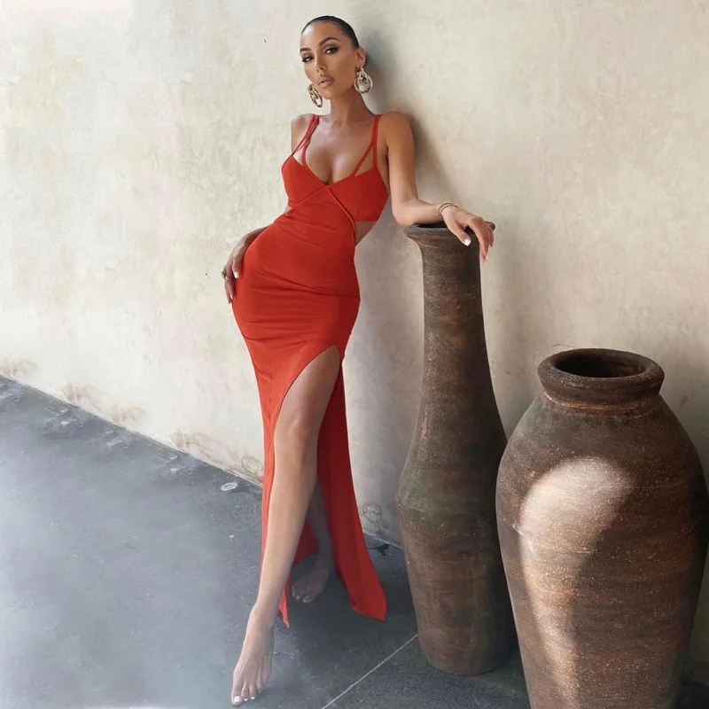 Women Long Dress Solid Spaghetti Strap Split Slim Sexy Dresses Summer clothing women Beach Party Clubwear