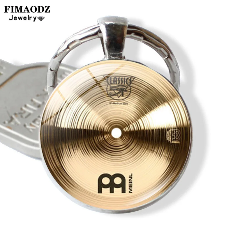 

Fashion Drummer Cymbals Keychain Vintage DJ Vinyl Record Gramophone Glass Photo Metal Key Chain for Men Women Music Keyring Gift