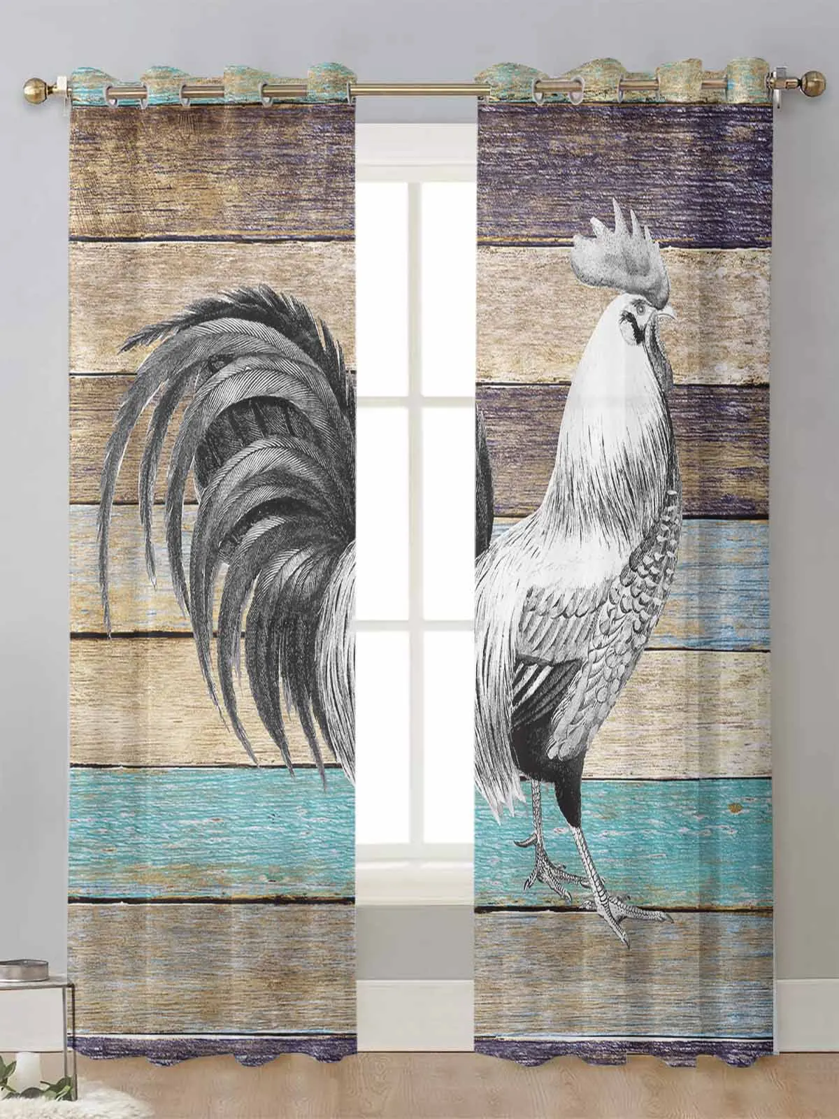 

Farm Animal Rooster Wood Grain Sheer Curtains For Living Room Window Transparent Voile Tulle Curtain Cortinas Drapes Home Decor
