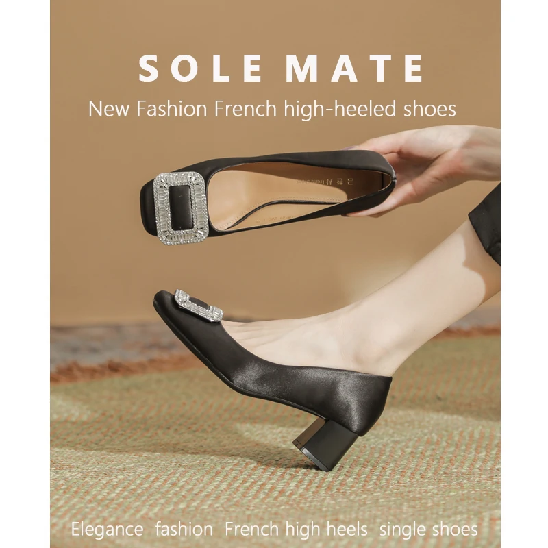 SOLEMATE Women's Genuine Leather Single Shoes, Thick Heel Rhinestone High Heels, Suitable for Wedding/Banquet Shoes