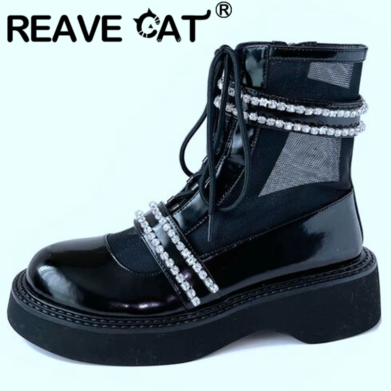 

REAVE CAT Women's Mid-Calf Boots Round Toe Block Heels Genuine Leather Mesh Splice Rhinestone Zip Lace-up Size 34-39 Black S3250