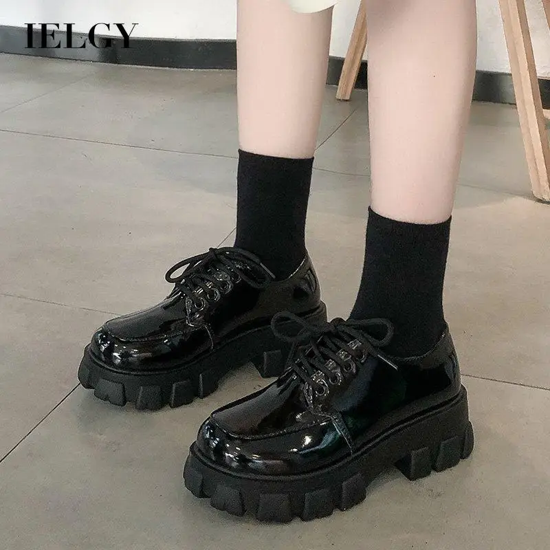 

IELGY women's thick-soled leather shoes British style Korean style round toe strap