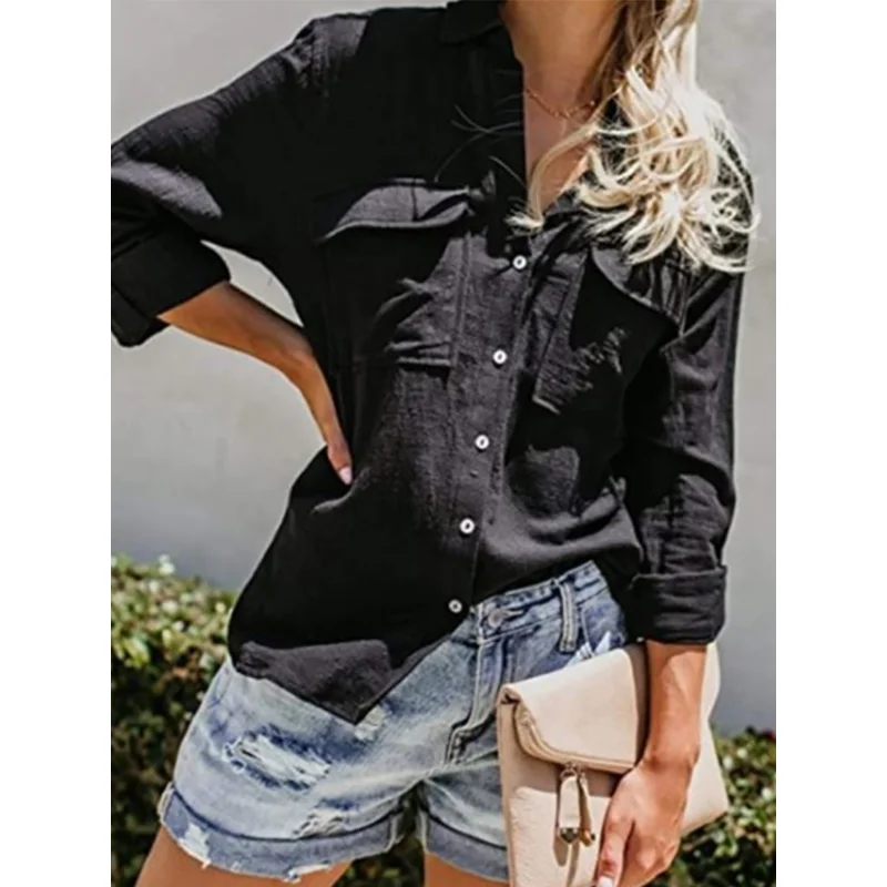 Купи Casual Work Plain Tops with Pockets V Neck Shirts Turn-Down Neck Long Sleeve Blouses Roll Up Cuffed Sleeve Button Blouse Women за 1,511 рублей в магазине AliExpress