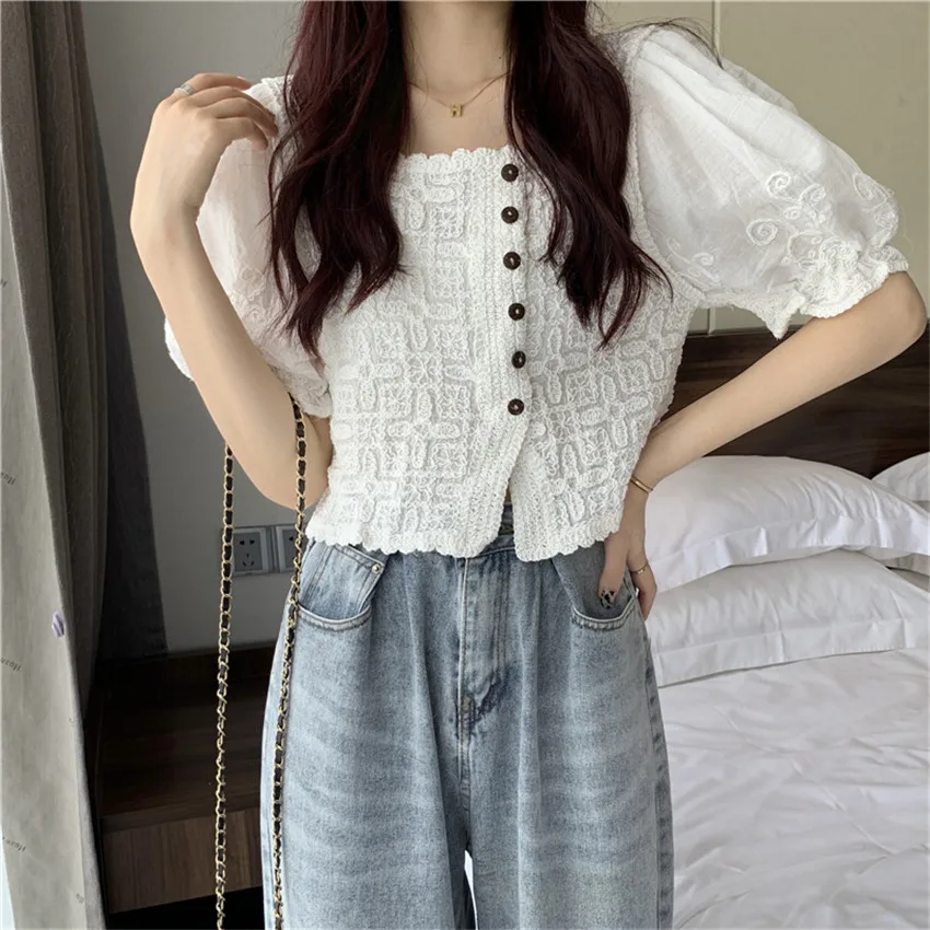 

Summer Puff Sleeve Tops Women Short Sleeve Cotton Linen Shirts Blouse Boho Clothes Embrodiery Designer Blusa Mujer