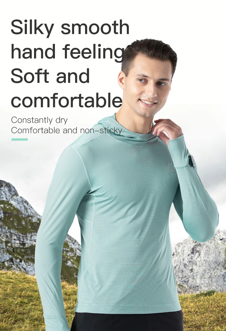 AONIJIE Man Male Quick Drying Sports T-shirt Hooded Long Sleeves With Watch Finger Hole For Running Hiking Jogging Sportswear