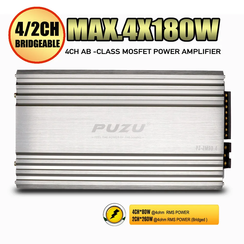 

PUZU PZ-ZM90.4 4CH Car Audio 720W Peak Power 4ohm/2ohm Bridgeable stable A/B class Amplifier system for car stereo speakers