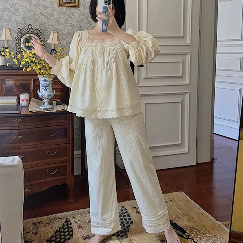 Женская весенняя одежда для сна из 100% хлопка милые кружевные пижамы с квадратным