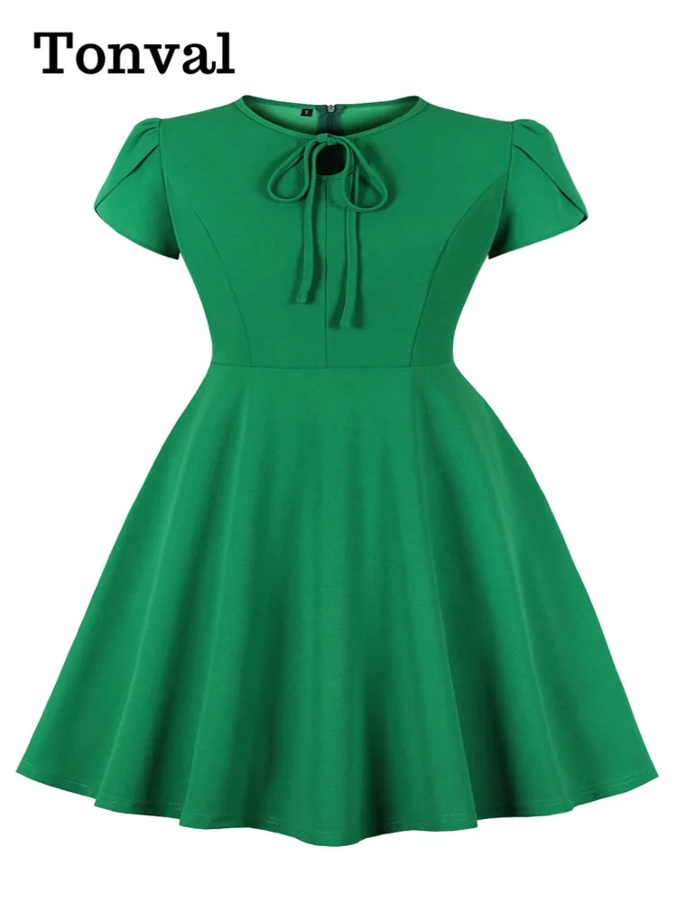 

Женское платье с бантом на шее Tonval, однотонное зеленое винтажное платье с рукавом-лепестком и вырезом «Замочная скважина», одежда размеров от XL до 4XL, 2024