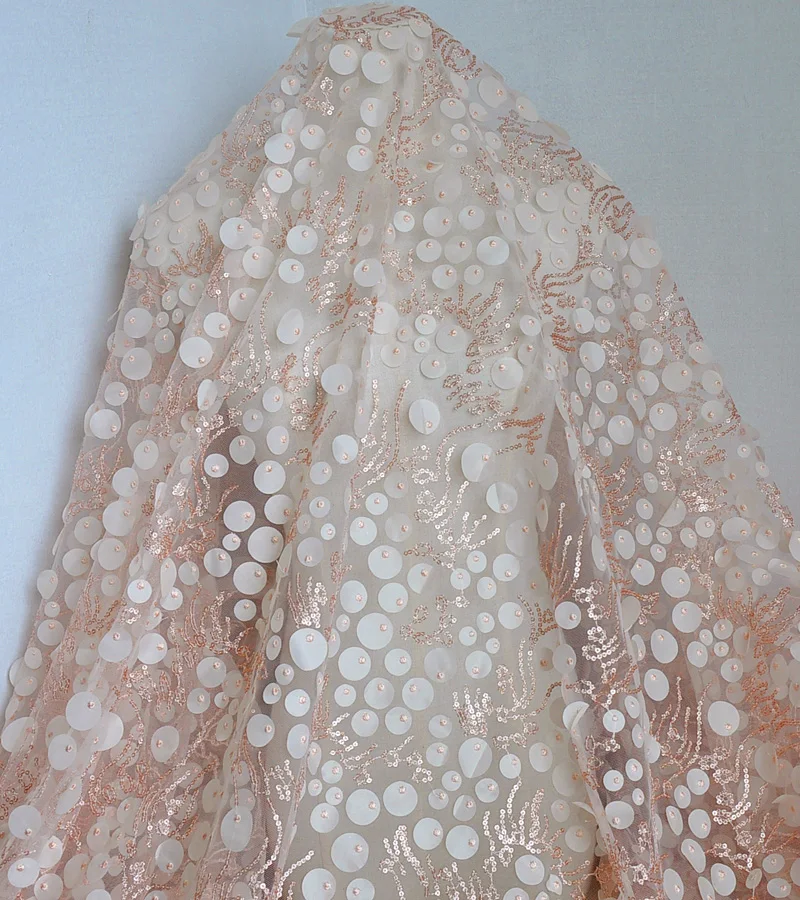 1yard price Flesh pink with sequins 3D chiffon patch lace Dress fabric Clothing Wedding curtain background |