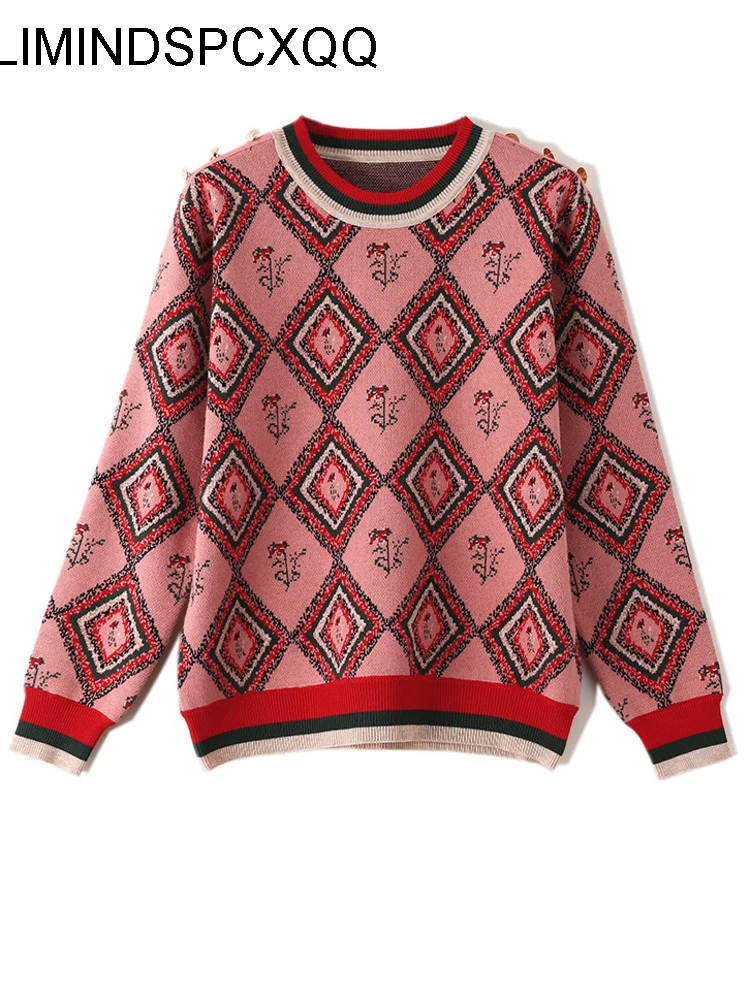 

2022 Sweater Women New Loose Retro Diamond Jacquard Plaid Round Neck Fashion Autumn And Winter Knitted Sweater Tops