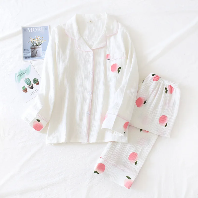 New Ladies Pajamas Set Crepe Cotton Double-Layer Home Wear Sleepwear Set Soft Comfortable Home Sleeping Clothing