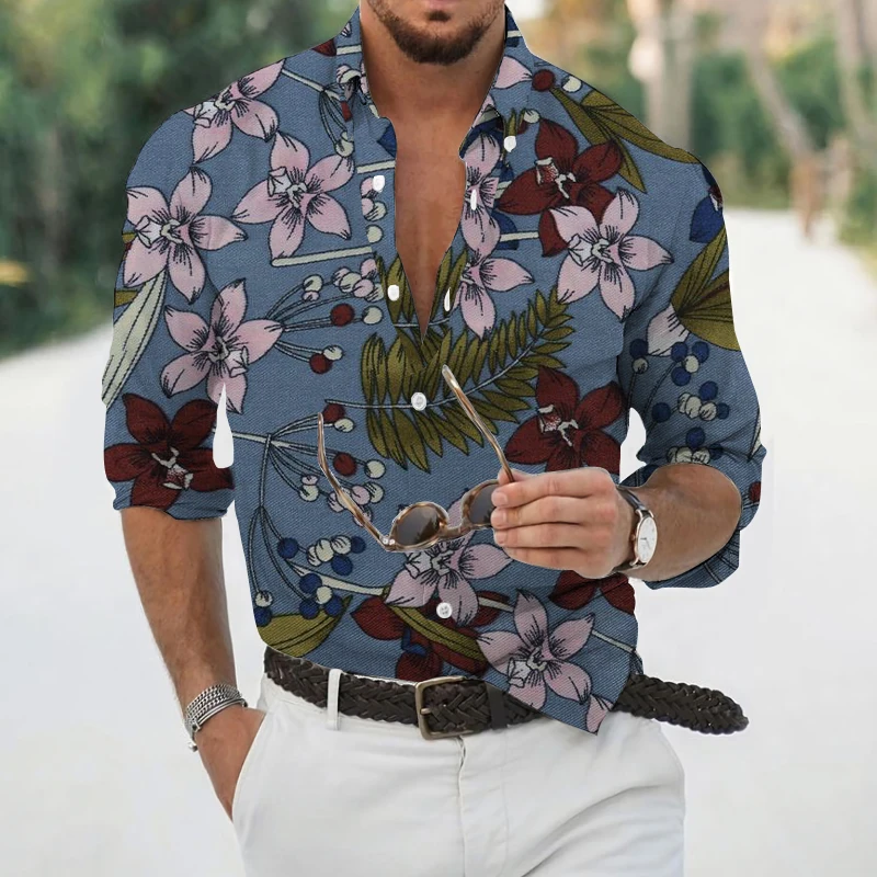 Hawaii Trip Casual Button Dress Shirt Full Sleeve Beach Streetwear Men's Clothing Floral 3D Print Men's Shirt S-4XL