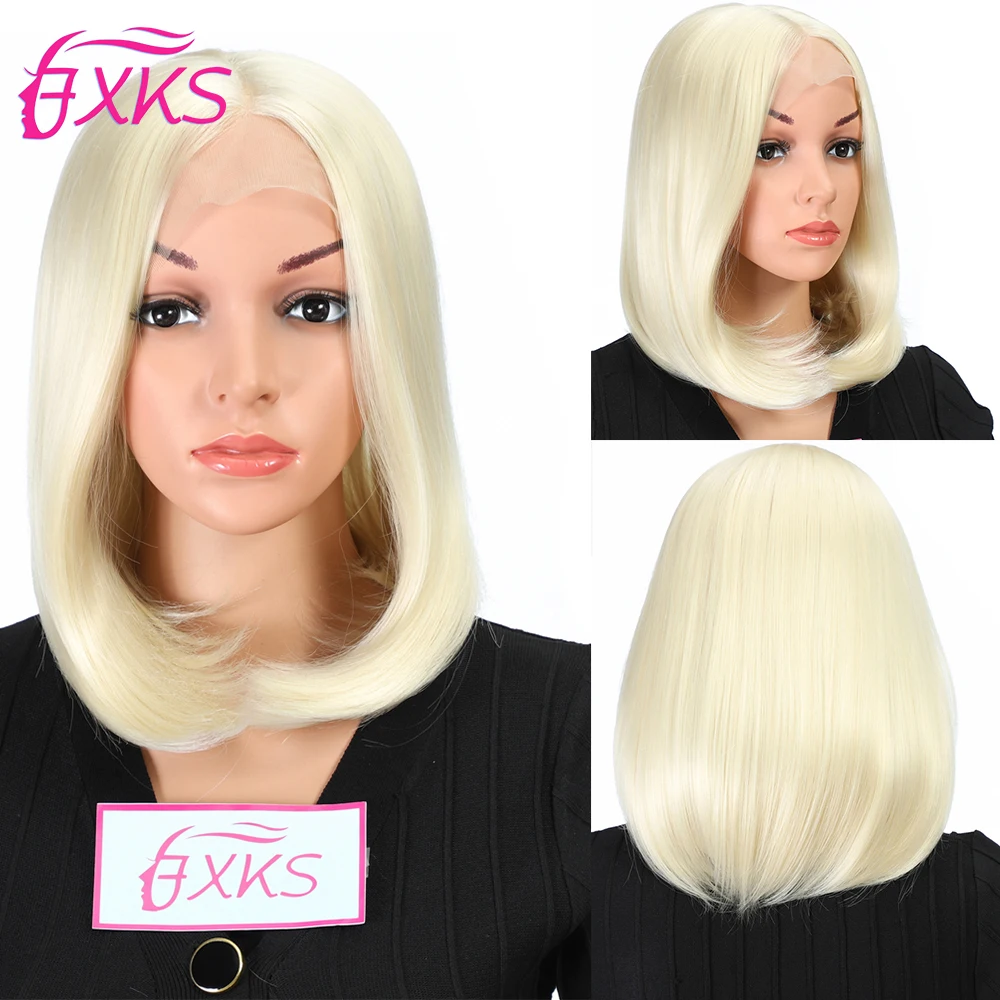 FXKS Blonde Synthetic Lace Front Wigs Gold 613 Straight Hair Short Bob Lace Front Wigs Middle Part Natural Black Lace Wigs12Inch