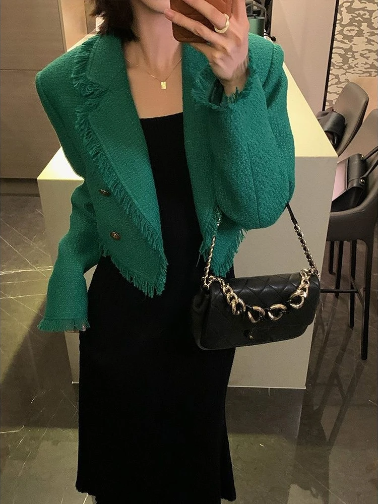 

French Style Small Fragrant Short Tweed Coat Women 2023 Spring Autumn Tassel Elegant Vintage Jackets Simple Loose Casual Tops