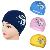 pu fabric swimming cap for kids cartoon animal dolphin print waterproof protect ears long hair boys girls swim pool caps hat