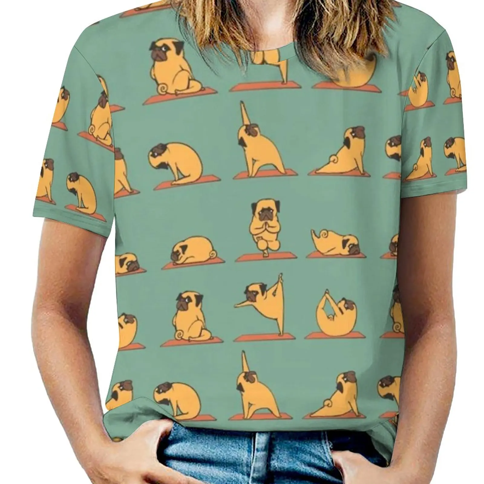 

Женская футболка для мопса, йоги, весенние и летние футболки с принтом, пуловер с круглым вырезом, топ для мопса, йоги, искусственная трениро...