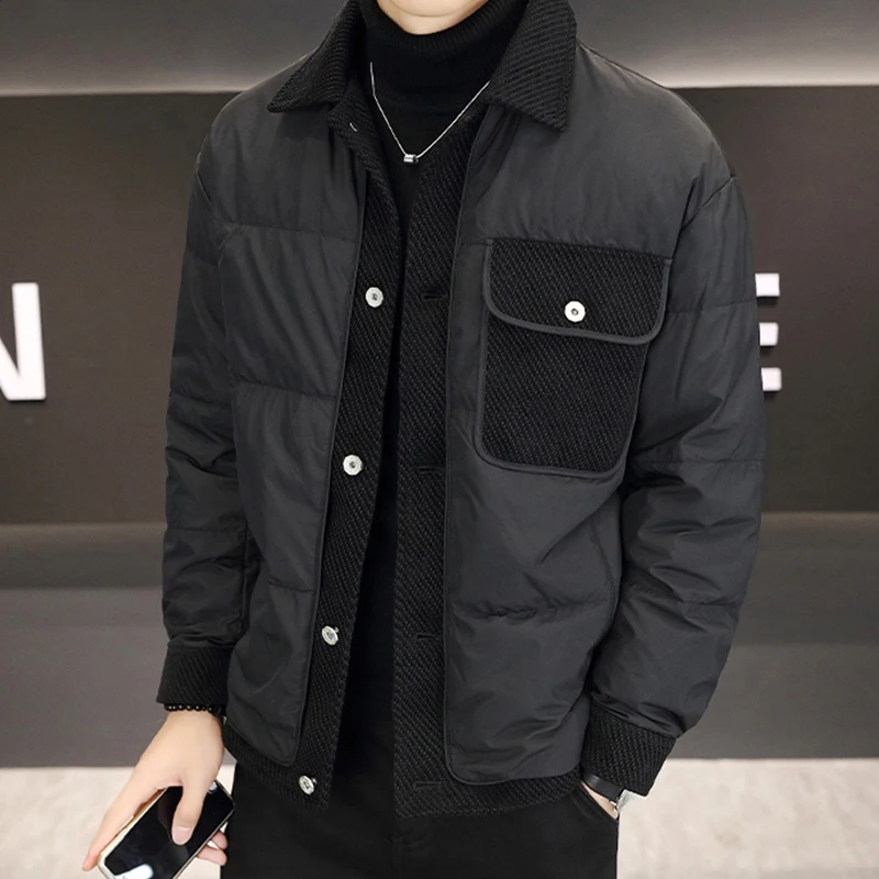 Повседневные мужские однобортные куртки на белом утином пуху зима 2024 Молодежные
