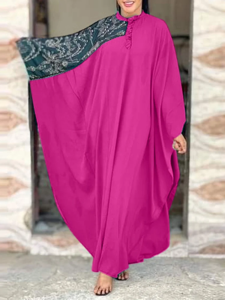 

Summer Dress 2022 VONDA Women Long Sleeve Patchwork Long Maxi Dresses Batwing Vintage Printed Sundress Casual Vestidos