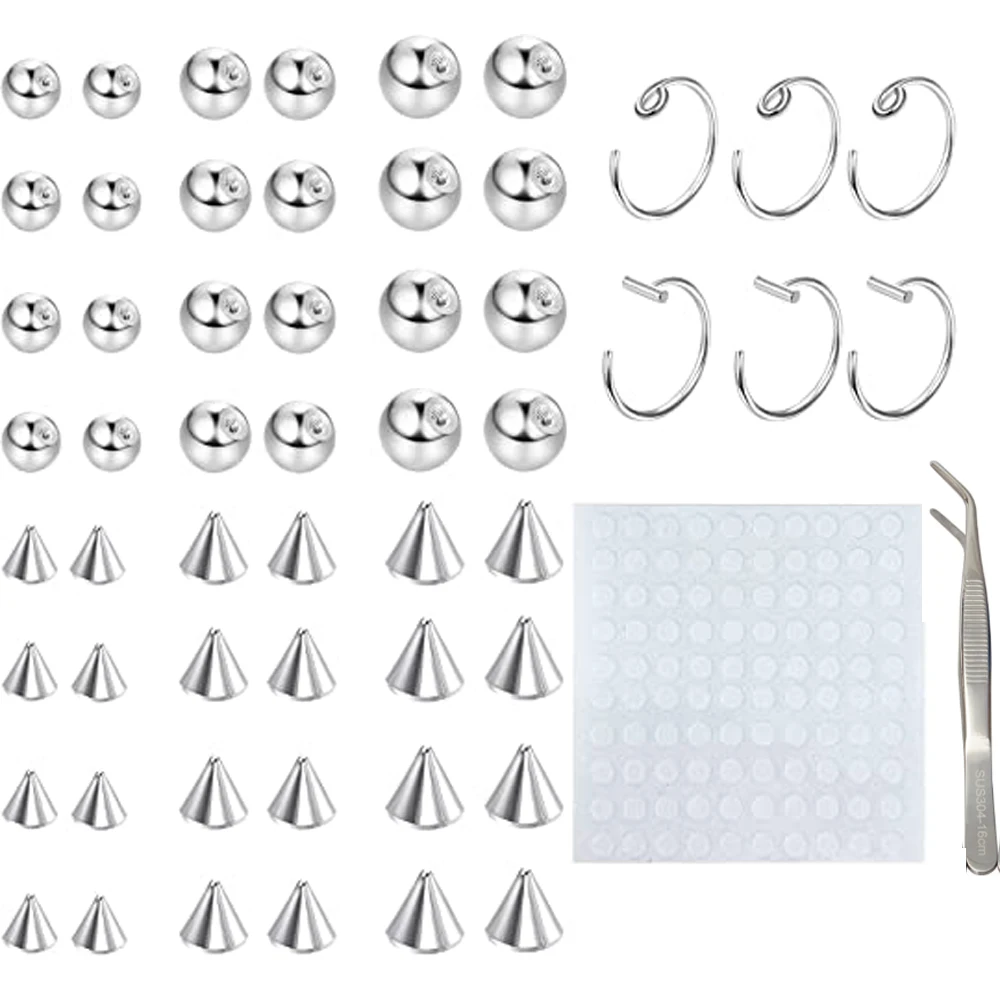 Fake Eyebrow Ring Lip Labret Studs Replacement Ball Spike with 100Pcs Sticker Non-Piercing Nose Body Jewelry Skin 3MM 4MM 5MM