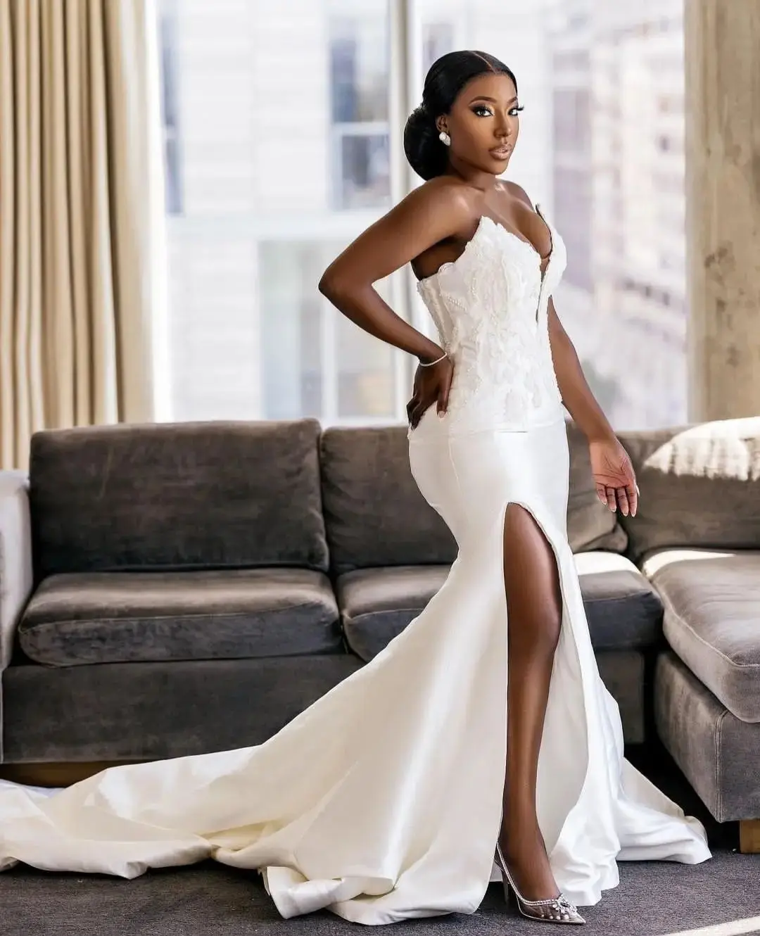 

Женское свадебное платье с юбкой годе Funyue, атласное платье с разрезом сбоку и V-образным вырезом, свадебное платье в африканском стиле, 2022