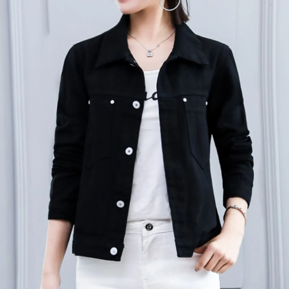 

Vintage Students Casual Denim Jacket 2022 Spring Autumn Oversize Black Jeans Coats Women Turn-down Collar Outwear Jacket Tops