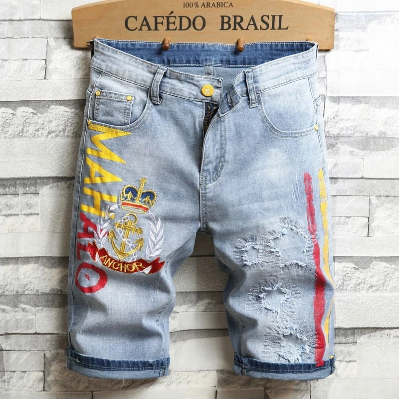 

High Quality Men Light Blue Jeans Shorts Men Holes Denim Shorts New Summer Men Slim Fit Casual Jeans Thin Knee Length Jeans