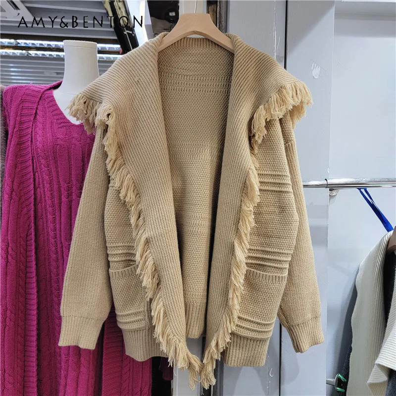 

Осень-зима 2023, элегантный шерстяной кардиган, вязаная одежда с большими лацканами и бахромой, подходящий ко всему женский свитер, облегающее стройнящее пальто