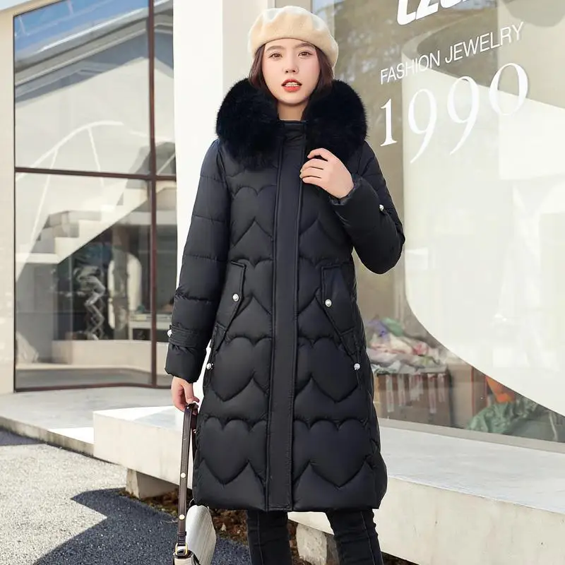 2022 Autumn Winter New Women Hooded Down Jacket Long Cotton Jacket Plus Velvet Warm Cold Protection Black Coats Female Clothing