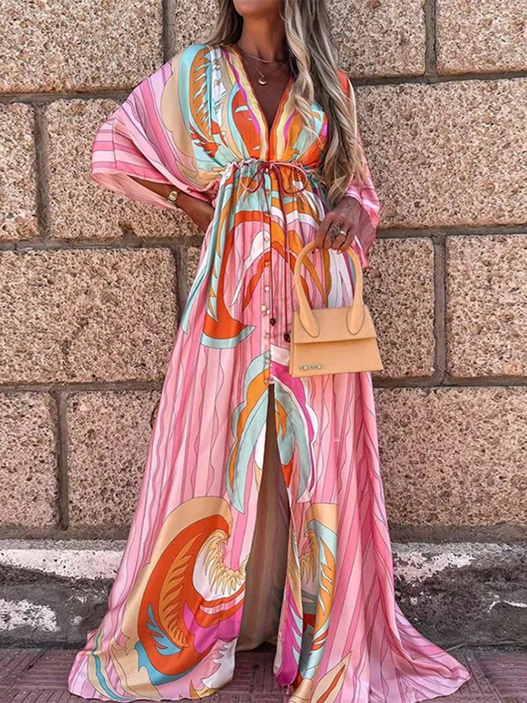 

Женское пляжное платье с принтом, Длинное свободное платье-накидка в стиле бохо с длинным рукавом, Повседневное платье большого размера для отдыха, лето 2023