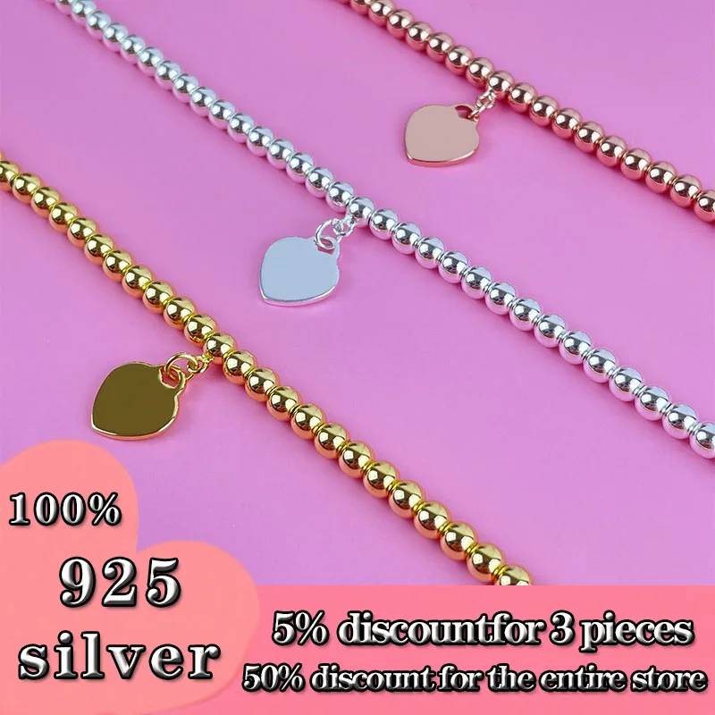 

Женский классический браслет из стерлингового серебра S925, 4 мм Круглый браслет с бусинами для влюбленных, легкие роскошные украшения, праздничный подарок