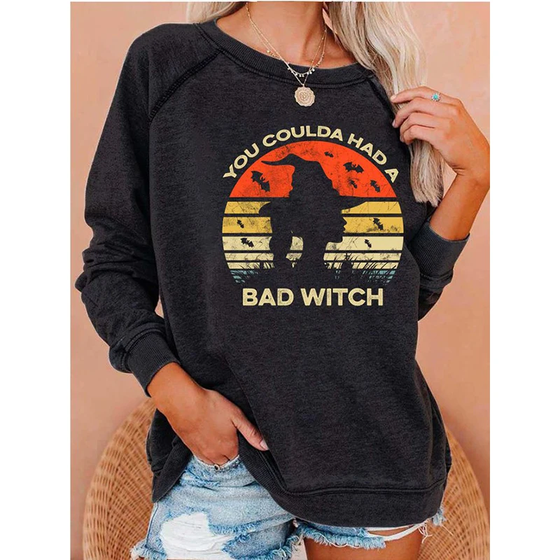 

Rheaclot Witch Halloween Bats Printing Women's Causal Cotton Long Sleeve SweatShirt