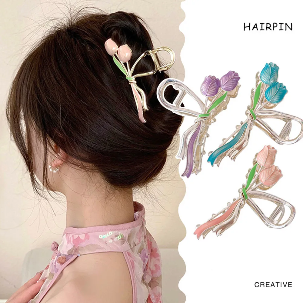 

Tulip Hair Claw Vintage Flower Shark Clip Headdress Fashion Hair Clamp Grab Women Hair Styling Tool Girls Sweet Hair Accessories