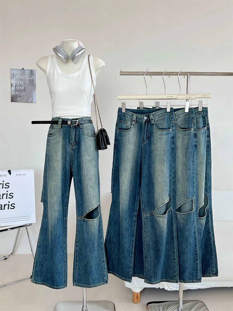 

Women Baggy Summer Office Lady High Waist Solid Wide Legs Slim Casual Trousers Korean Fashion Retro Ripped Hole Straight Pants