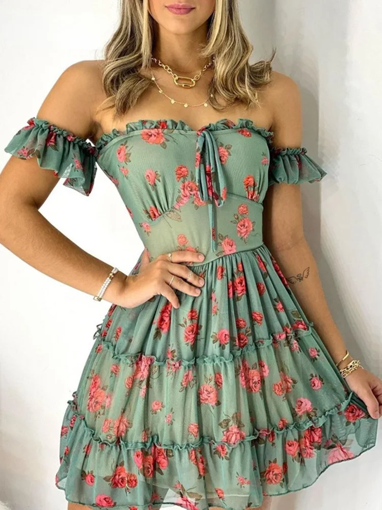 

Floral Print Frill Hem Off Shoulder Slash Neck Casual Mini Dress Women
