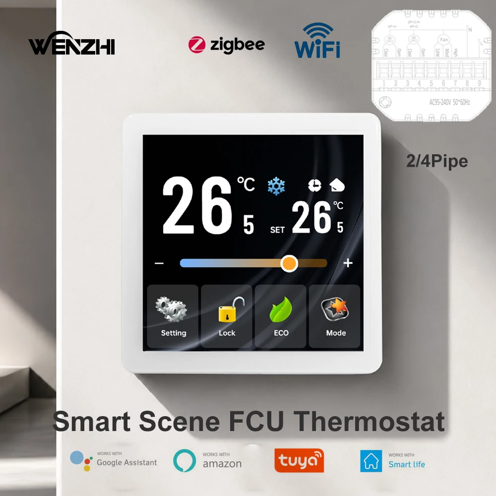 Фото Термостат для кондиционера 2-в-1 WiFi/Zigbee FCU/Fan Coil с сенсорным экраном, переключателем сцен и дистанционным управлением Tuya Smart Life №1