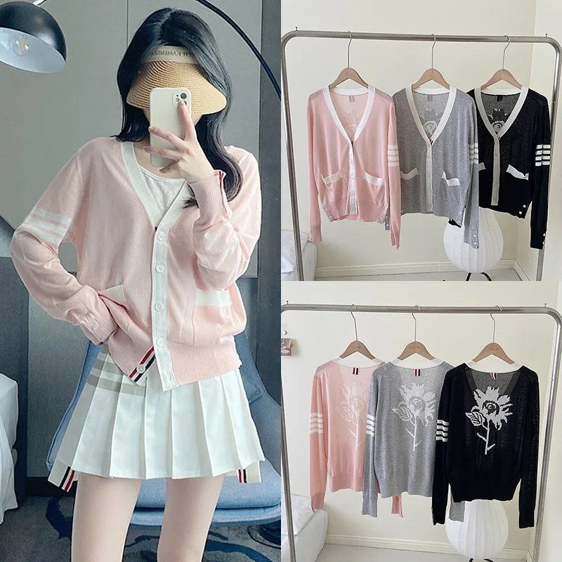 

Женский вязаный жаккардовый кардиган TB, свободная рубашка с цветочным узором, V-образным вырезом, вязаный кардиган из вискозы, для весны и лета