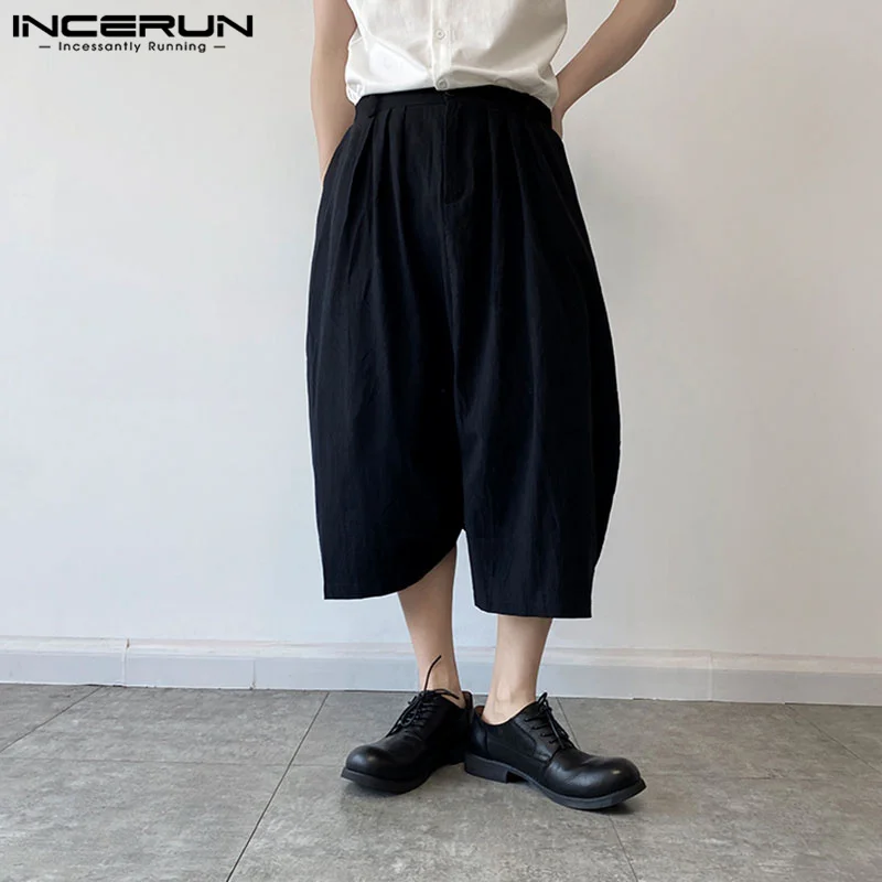 

INCERUN 2023 Korean Style Men's Irregular Hem Cropped Pants Wide Leg Pantalons Casual Streetwear Solid All-match Trousers S-5XL