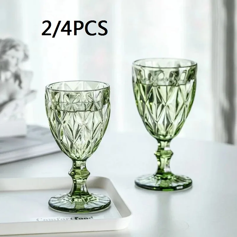

2/4Pcs Diamond Embossed Glass Water Cup European Style Color Goblet Home Drinking Fountain Holiday Gift Red Wine Glass Drinkware