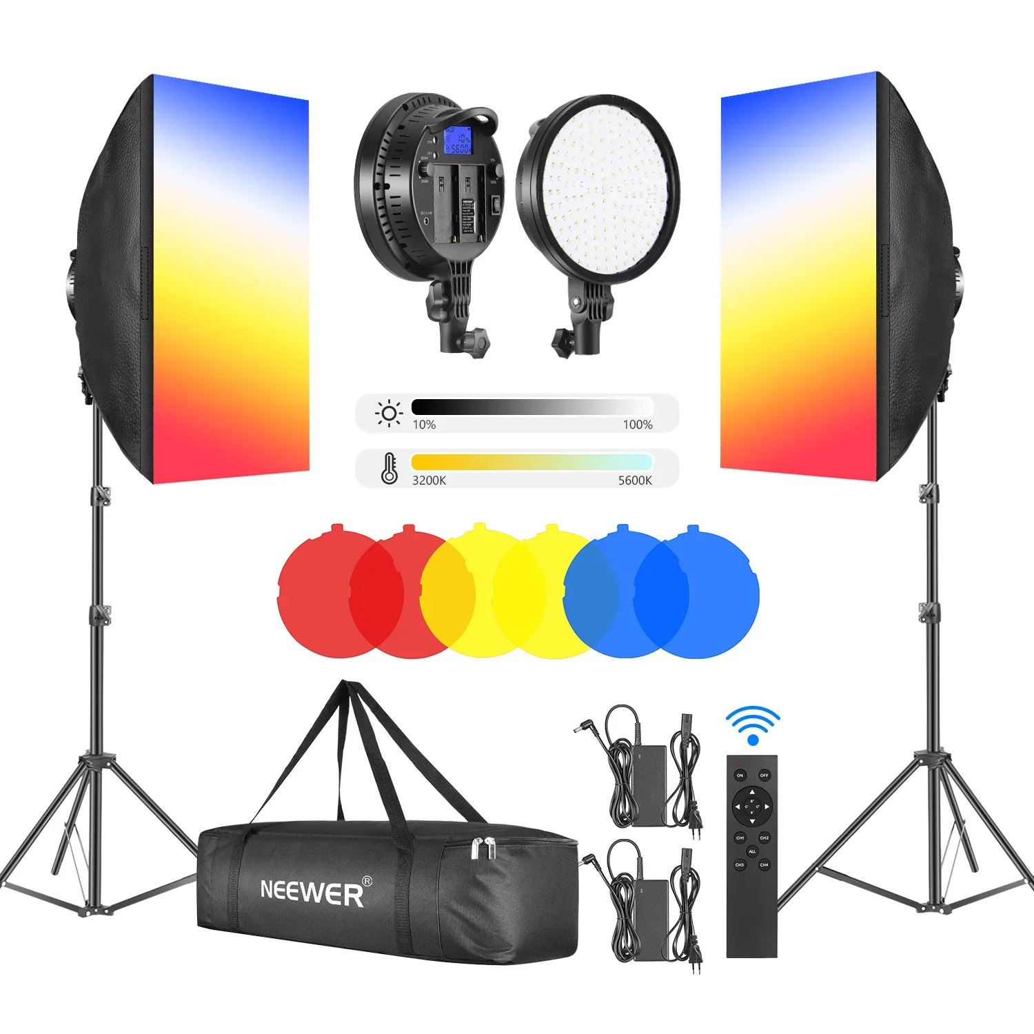 

Neewer 2-Pack 2.4G LED Softbox Lighting Kit With Color Filter:20x28 Inch Softbox, 3200-5600K 48W Dimmable LED Light Head EU Plug