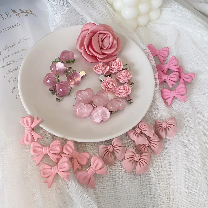 

5pcs Super Sweet Pink Series Hairpin Girls Bowknot Peach Flower Hair Clips Heart Rose Barrettes Hair Styling Accessories