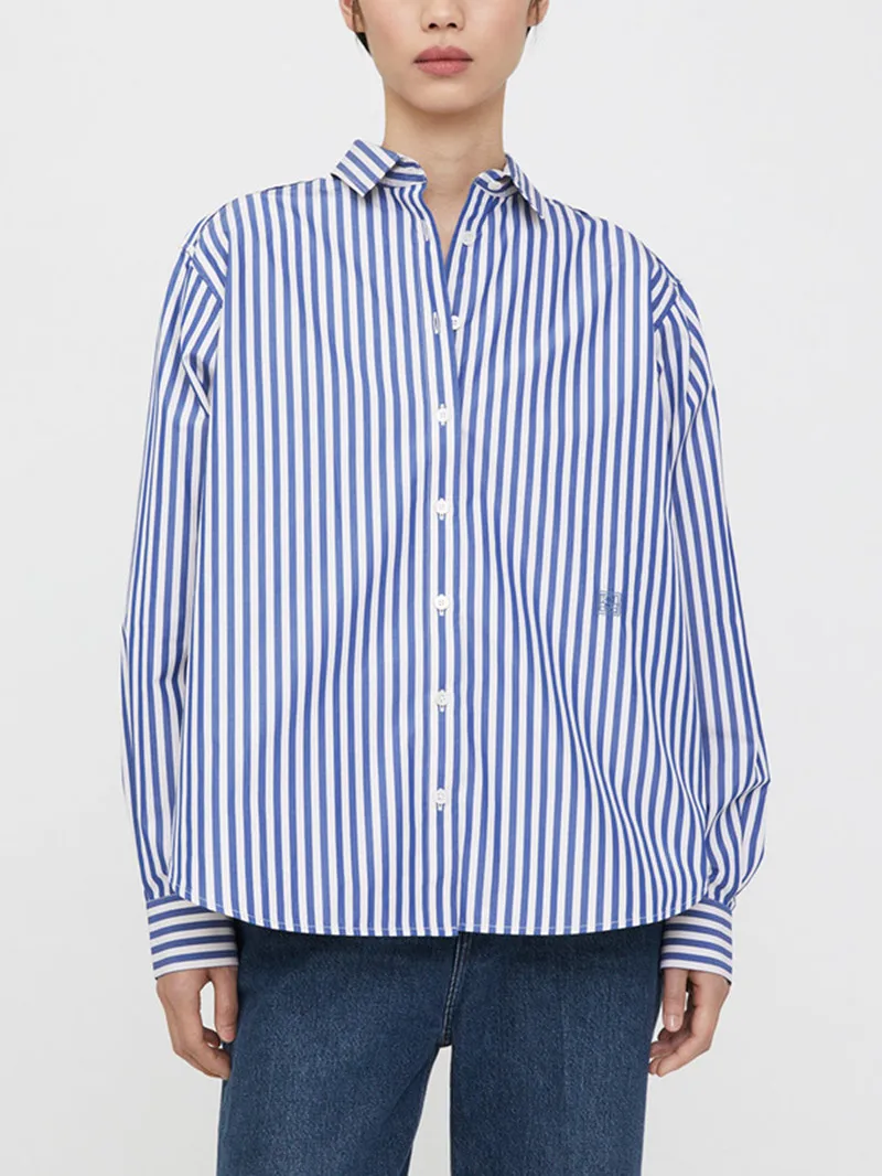 

Women Shirt Striped Embroidery Loose 100% Cotton Office Lady Blouse