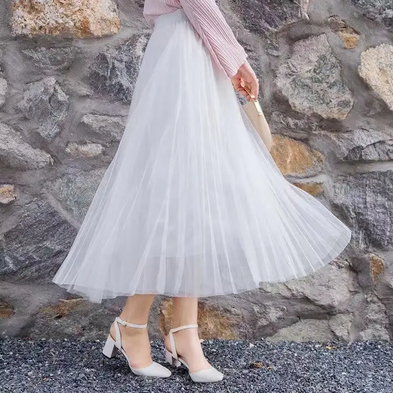 

Женская трехслойная плиссированная юбка, бальное платье-трапеция с высокой талией, длинная сетчатая юбка-макси из фатина для танцев