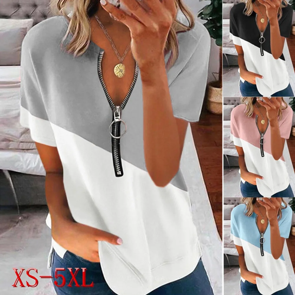 

Femme Casual Color Matching Tops Women Sexy V-neck Zipper Short-sleeved T-shirt Summer Loose Large Size Pullover Tee Shirt 2022