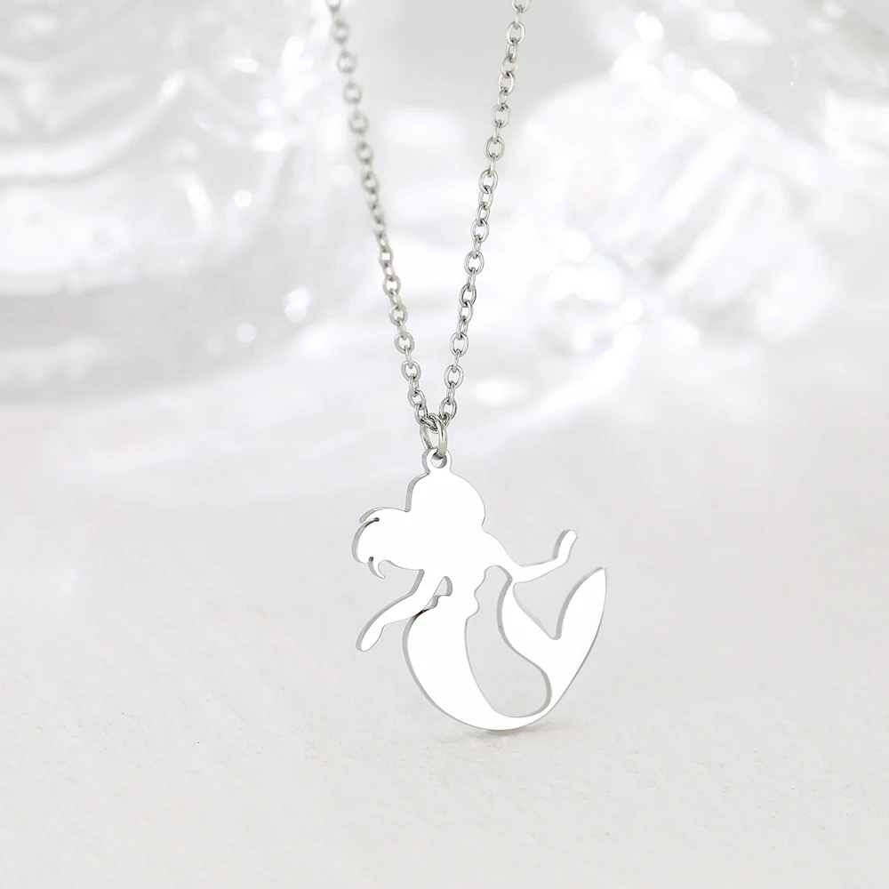 Stainless Steel Necklaces Cute Cartoon Fairy Tale Mermaid Pendant Children Girl Chain Fashion Necklace For Women Jewelry Teen images - 6